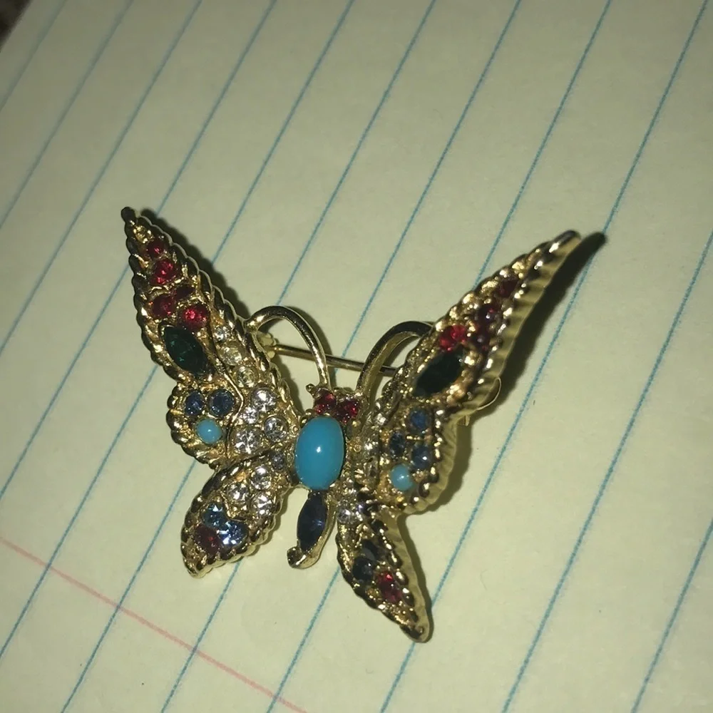 Vintage 80's Gold Plated Butterfly Brooch Pin with Crystals